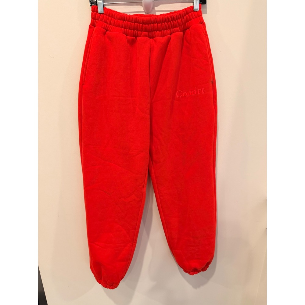 Comfrt Red Fleece Sweatpants Joggers Medium Elastic Waist Tonal Logo Streetwear